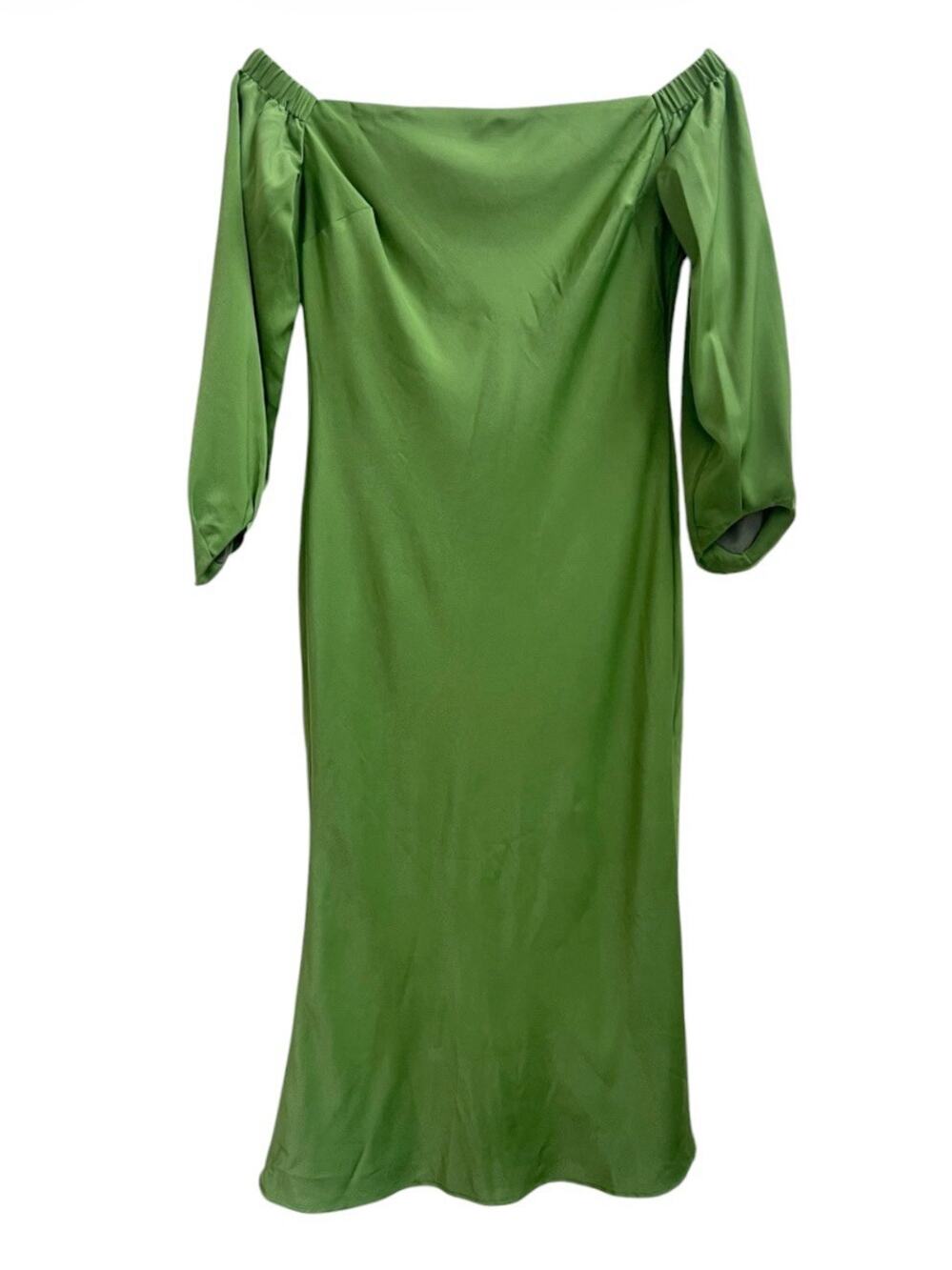 Banana Republic Green Satin Midi Dress Off Shoulder Sz S 3/4 Slv Party Wedding